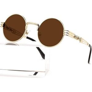 Round Steampunk Sunglasses Gold‎ Frame Brown Lens Designer Style Street Hip Hop